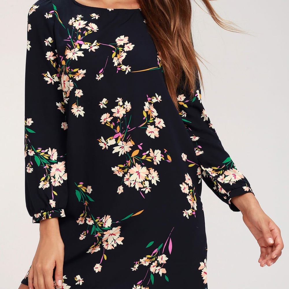 Lulus Herbaceous Babe Navy Floral Print Shift Dress
